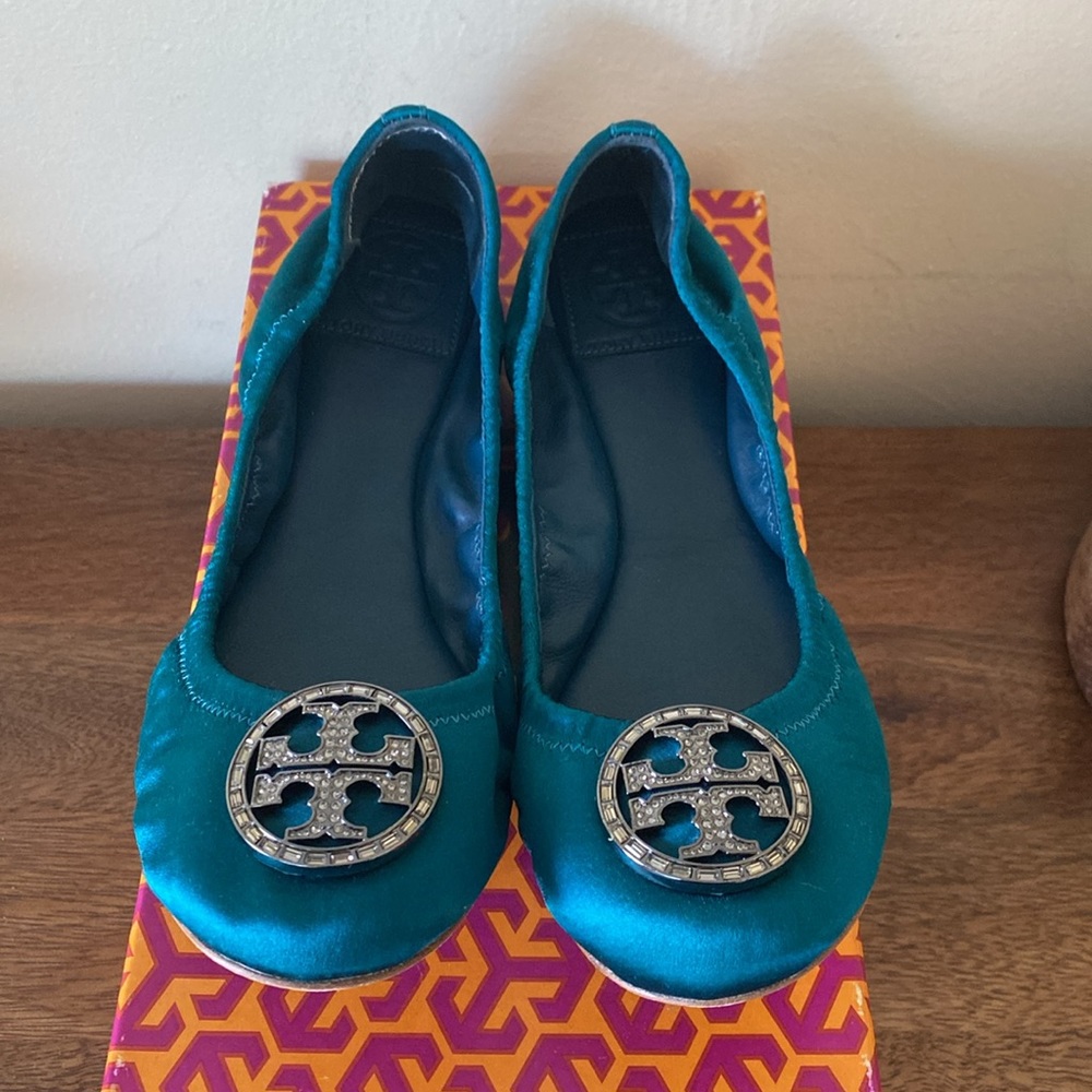 Tory Burch Teal Ballet Flats with Silver Logo